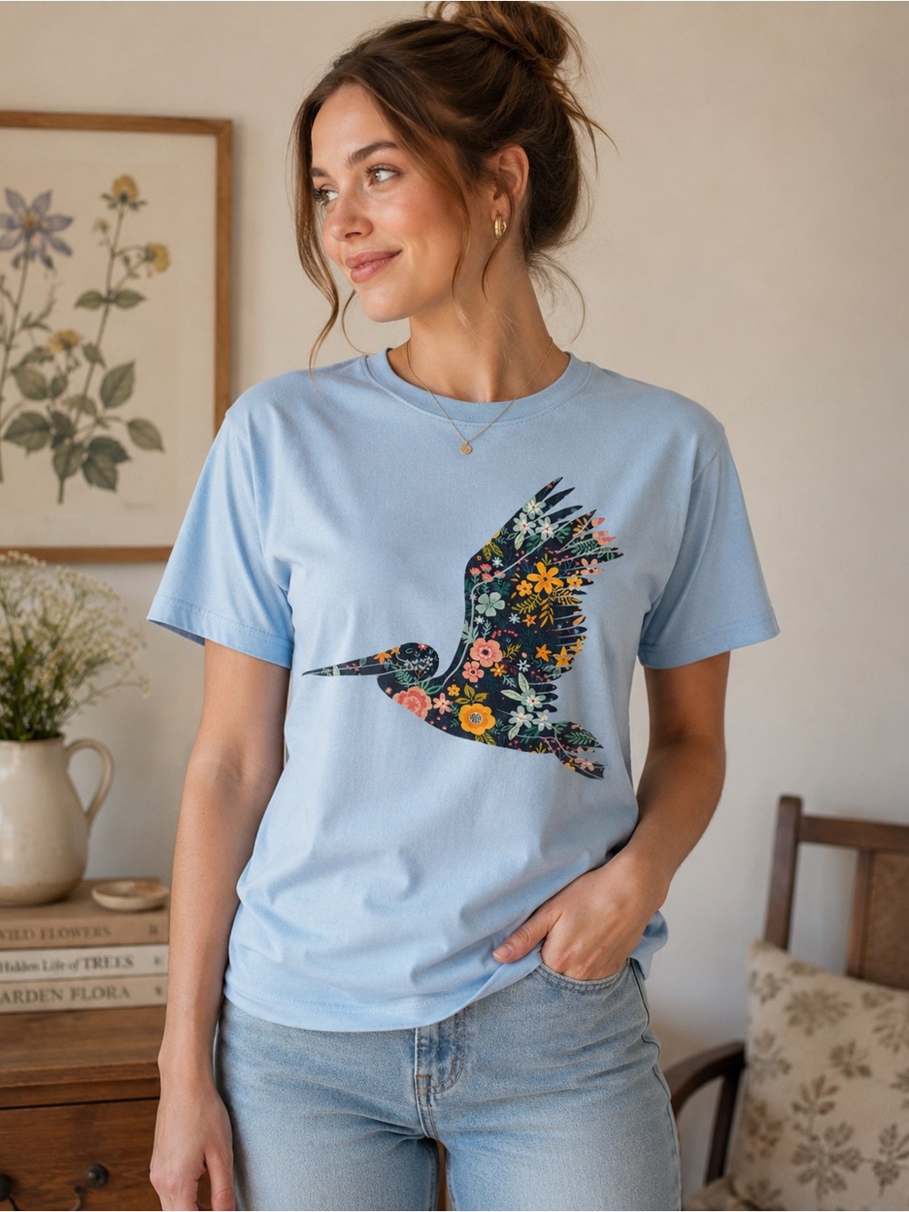 Port & Company Floral Hummingbird Graphic Tee Blue Large Cottagecore Nature